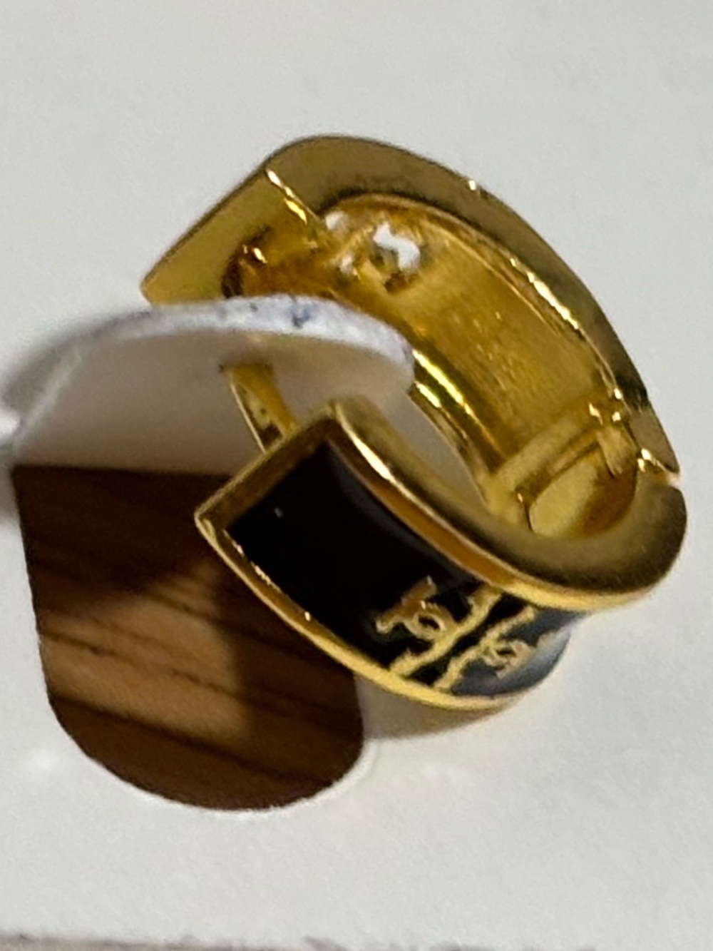 TORY BURCH GOLD & BLACK LOGO HUGGIE HOOP EARRINGS - Picture 5 of 6